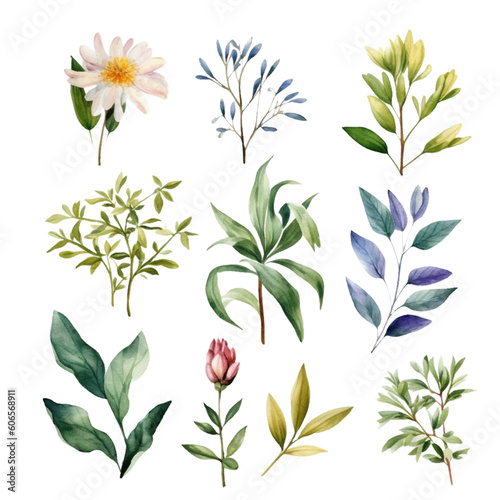 Set of beautiful watercolor green leaves and flowers