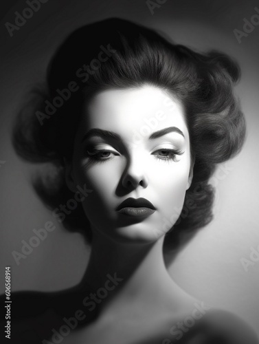 sensual portrait of a young beautiful woman, retro style. Beauty, fashion, skincare, cosmetics, wellness concept. Well-kept skin, fresh look, details. AI generative