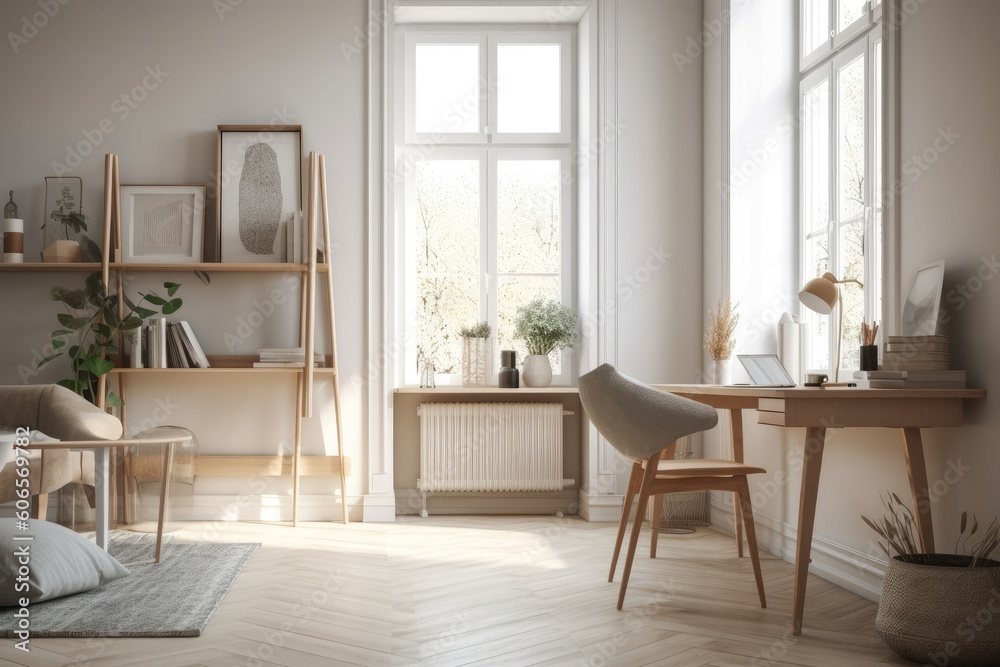 Fototapeta premium Corner view of a light filled living room with a barren poster, a desk, a laptop, a chair, a bookshelf, and a large window. Scandinavian minimalism design idea for academic use. a Generative AI