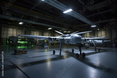 Military stealth aircraft concept in a hanger