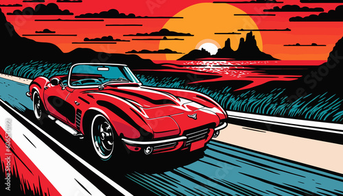 Retro race car on road and colorful background. Comic book style