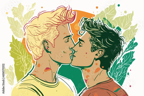 Two gay men kissing. LGBTQ manifesto. Respect, tolerance, equality.