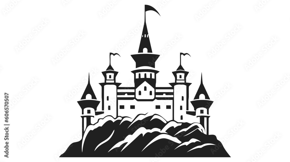 Vector black castle icon, logo. Vector illustration isolated on white background