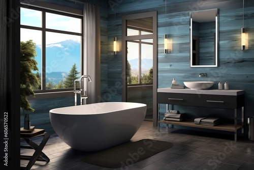 Elegant bathroom in blue tones with amazing view of mountains. Home interior design mock up. Generative AI