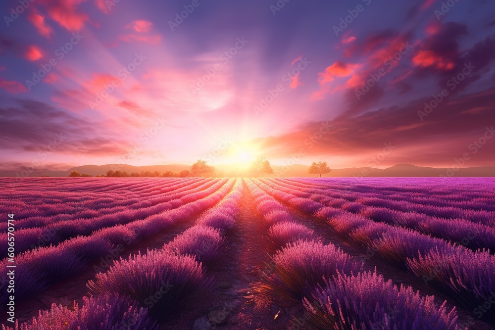 Fototapeta premium Lavender field with amazing sunset view. Generative AI