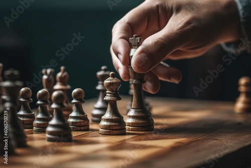 Close up shot of wooden chess with hand moving queen. Generative AI photo