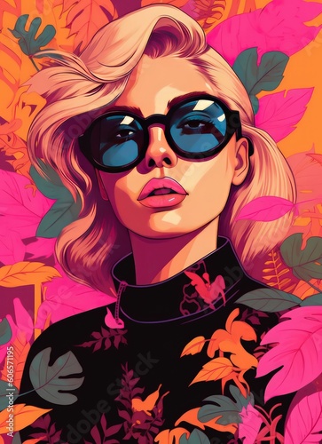 Girl in sunglasses among tropical leaves by Generative AI