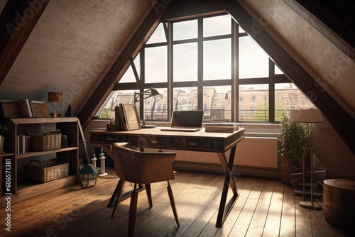 corner of an attic home office. A window is behind a wooden table that has a black chair. The idea of working at home. a mockup Toned picture. Generative AI