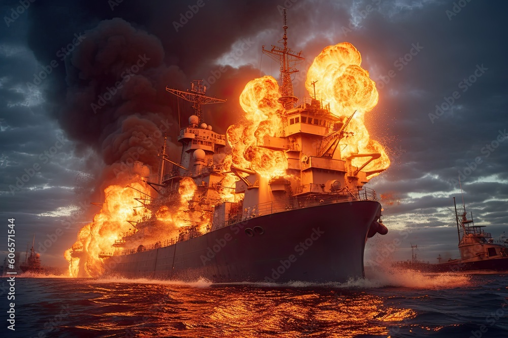 illustration about the sinking of Moskva Russian warship in the war between Russia VS Ukraine. On the Black sea of Odessa city. AI-generated Generative AI