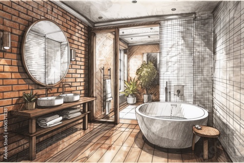 Concept for an interior architect a hand drawn draft that is completed  a bathroom showcase  a traditional interior  brick walls  and parquet. circular freestanding bathtub . Generative AI