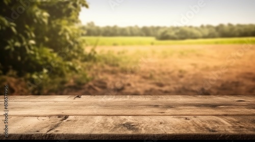 An old wooden table with nature backdrop and copy space. (Generative AI)