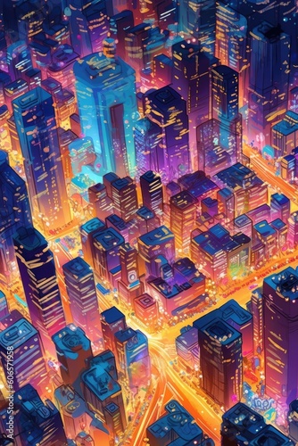 City skyline aglow with bustling traffic and neon lights. Generative AI