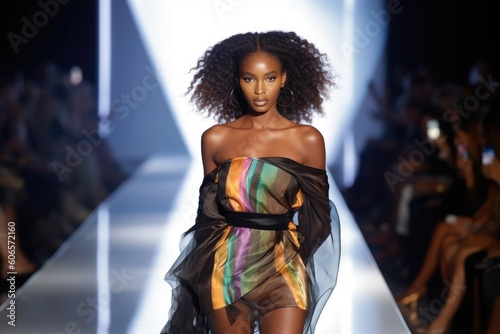 High fashion show with beautiful young black female model in fine designers creation, Generative AI.