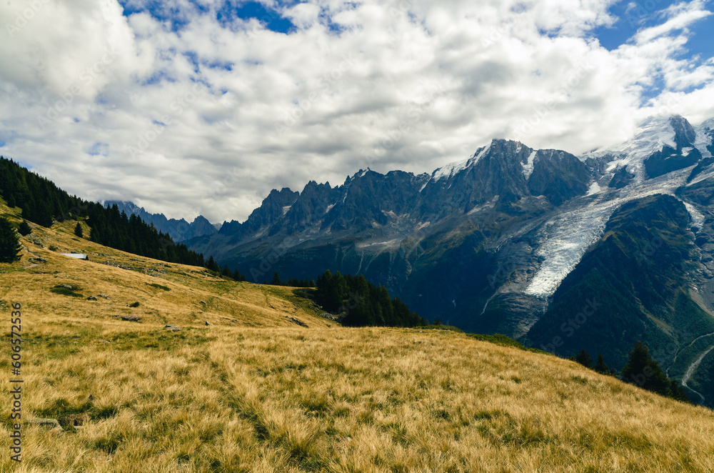 Hiking trail in Chamonix with views of Mont Blanc and the glaciers