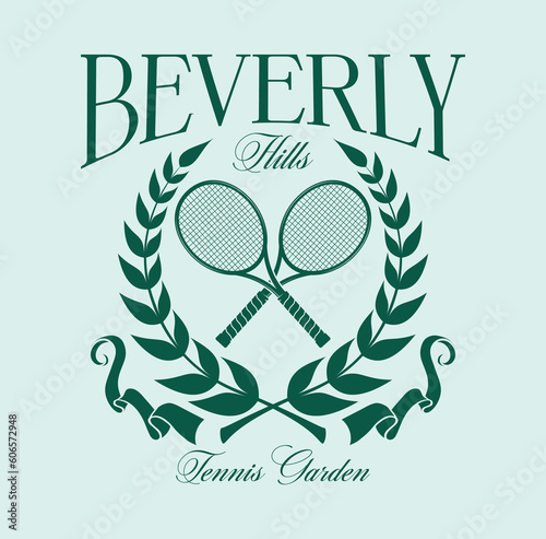 Retro Fashion Vector Art Vector Tennis Club Illustration, Beverly hills, tennis garden. T-shirt print design with vintage tennis racket slogans. photo