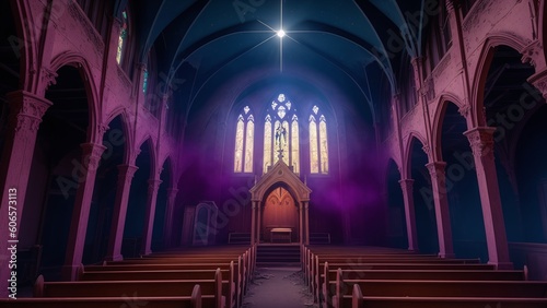 A Picture Of A Beautifully Symmetrical Church With A Purple Light AI Generative