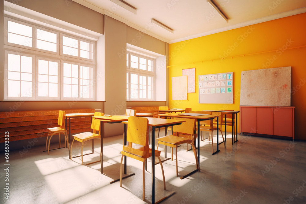The interior of kids classroom with yellow wall AI-Generated 