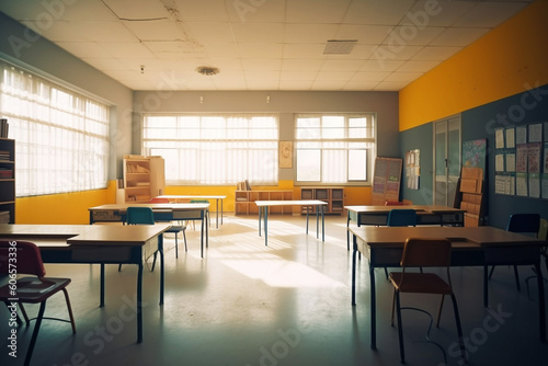 Classroom with chairs and desk in school