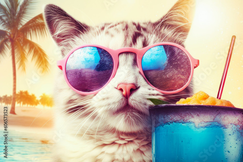 Cat wearing sunglasses with cocktail relaxing in the sea background. Hello summer. Generative AI © zamuruev