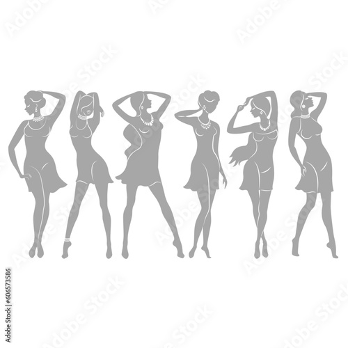 Collection. Silhouette of a woman. The girl is slender and beautiful. Lady is suitable for decor, posters, stickers, logo. Vector illustration set