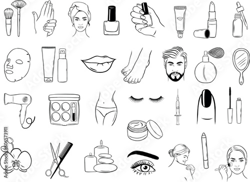 Beauty set of icons, hand drawn icons, doodle icons, beauty and cosmetics icons, Make up, Spa, Nail salon, Cosmetic, Skin care vector icons