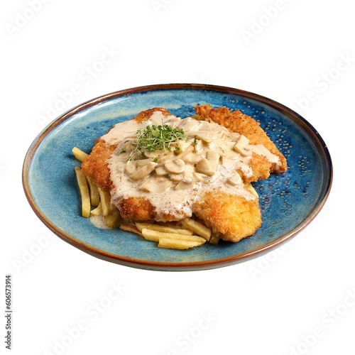 Plate of traditional schnitzel with mushroom sauce and potato fries