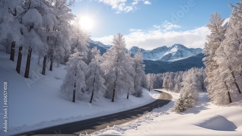 A Picture Of A Brilliantly Hued Winter Scene With A Winding Road AI Generative