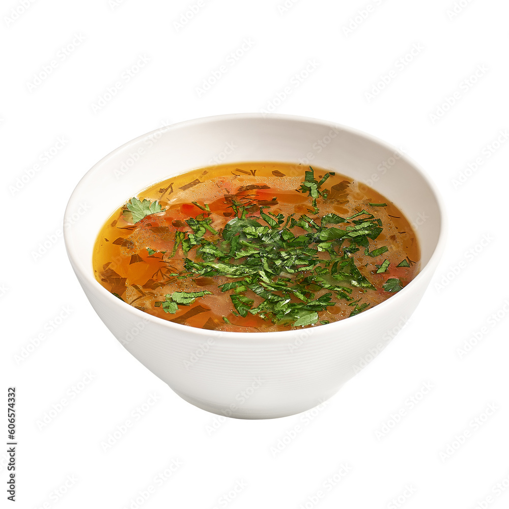 Traditional Russian cabbage soup Shchi on a plate, isolated on white.