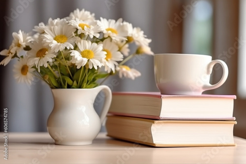 Books, flowers and white cup on wooden table Generative AI