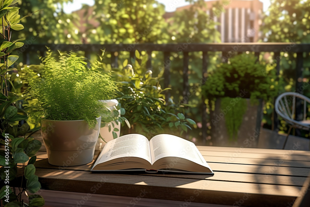 Reading books in summer at a beautiful terrace or cozy balcony full of green plants. Generative AI