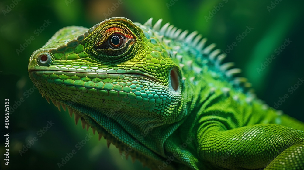 brightly coloured Lizard close up macro,  animal portrait , Created using generative AI tools.