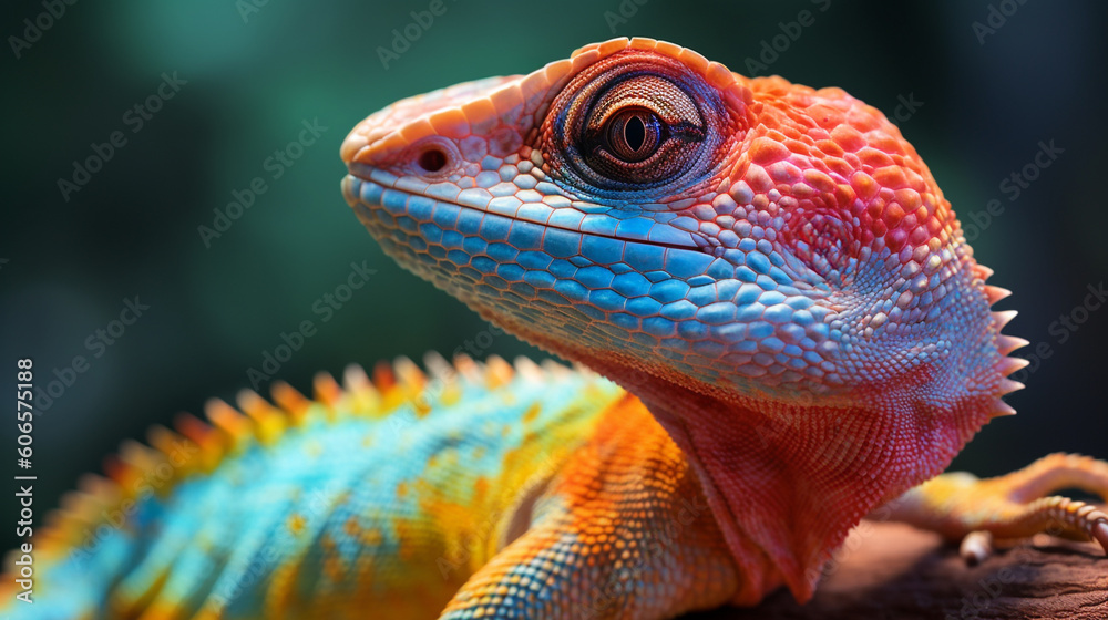 Fototapeta premium brightly coloured Lizard close up macro, animal portrait , Created using generative AI tools.