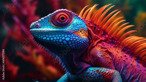 brightly coloured Lizard close up macro,  animal portrait , Created using generative AI tools.