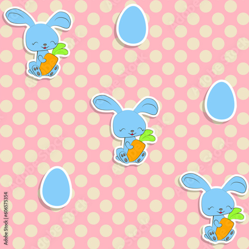 Seamless pattern with cute easter bunny and polka dots. Happy Easter endless background. Retro style vector illustration.