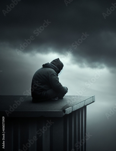 A depressed person sits alone, contemplating. photo