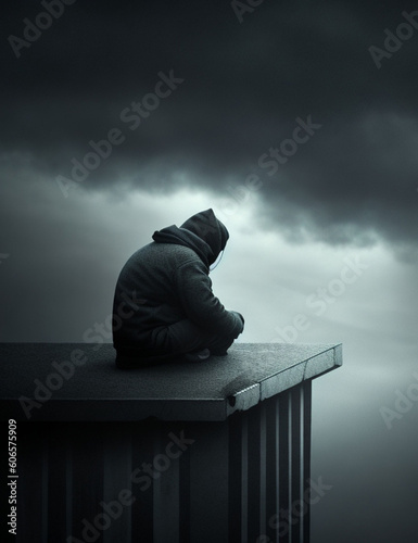 A depressed person sits alone, contemplating.