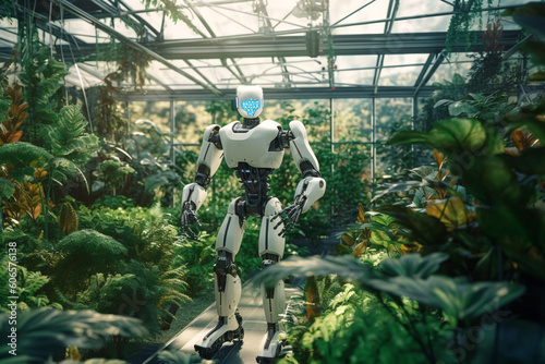 Modern greenhouse equipped with modern technologies and in which robots work Generative AI