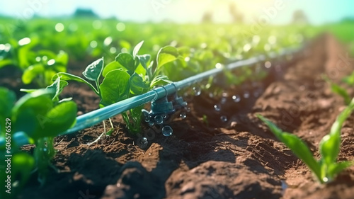 Watering plants and vegetables in the field, drip irrigation, close-up, Generated AI photo