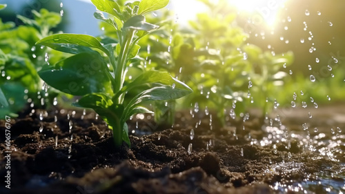 Fotografija Watering plants and vegetables in the field, drip irrigation, close-up, Generate