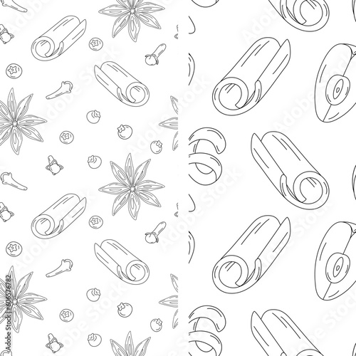 Set of 2 seamless patterns with spice and ingredients for mulled wine. Hand drawn Line Art. EPS