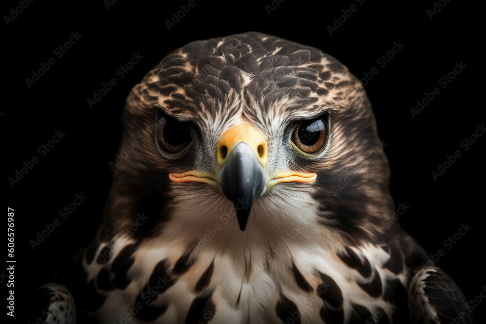 An AI generated illustration of a hawk's head against a black background