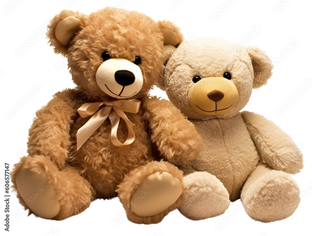 Two teddy bears sit together. Kids toys. Isolated on a transparent background. KI. Two teddy bears sit together. Kids toys. Isolated on a transparent background. KI.