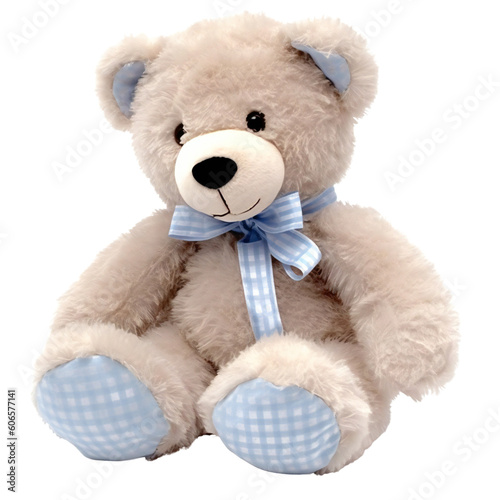 Children's teddy bear with a blue bow. Isolated on a transparent background. KI.