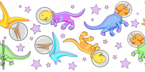 Dinosaur astronauts in colorful space suits on a white background with stars. Seamless border. Cartoon vector illustration.