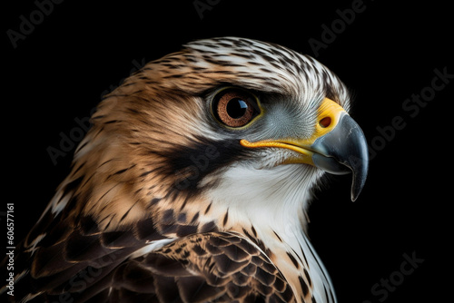 An AI generated illustration of a hawk's head against a black background