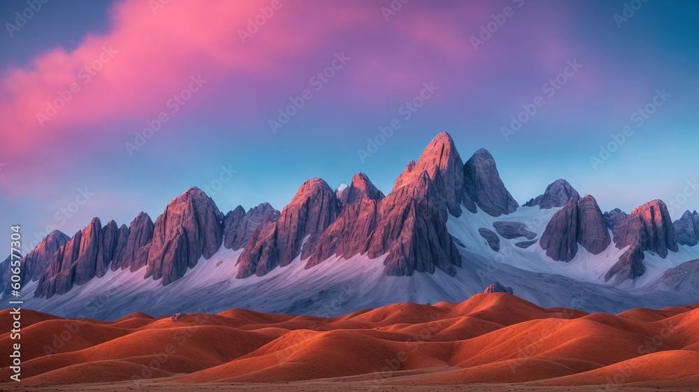 A Depiction Of A Beautifully Crafted Mountain Range With A Pink Sky