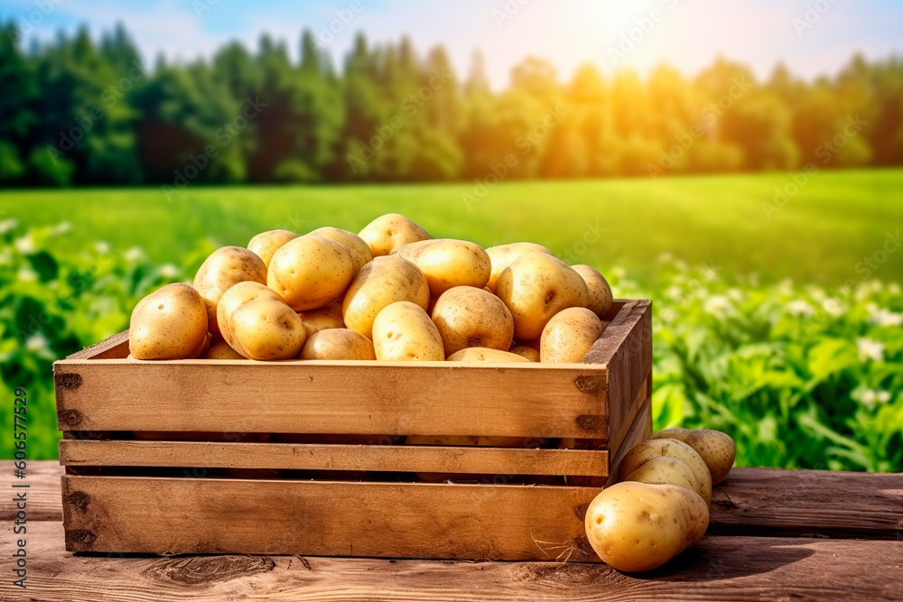 Wooden box full of potatoes on table with green field on sunny day. Generative AI Wooden box full of potatoes on table with green field on sunny day. Generative AI