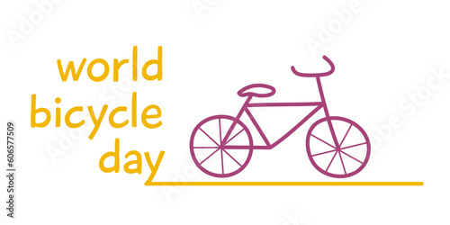 World Bicycle Day. An outline image of a purple bicycle that rides along the road. A bike ride. Ecological transport. Holiday card with yellow text on a white background. Vector illustration.
