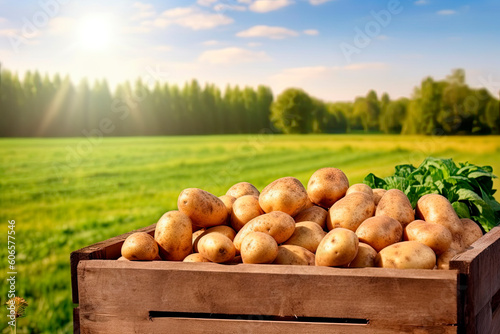  Wooden box full of potatoes on table with green field on sunny day. Generative AI © Александр Марченко