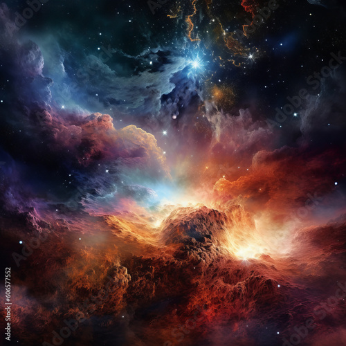 Beautiful Fiery Nebula  Fantasy Sky Imagery  Vibrant Nebula Clouds And Stars